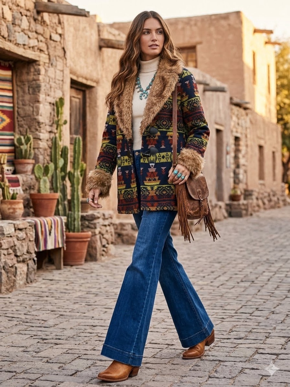 Merigold Kiss Cabincore Boho Faux-Fur Trim Aztec Jacquard Cardigan Jacket M